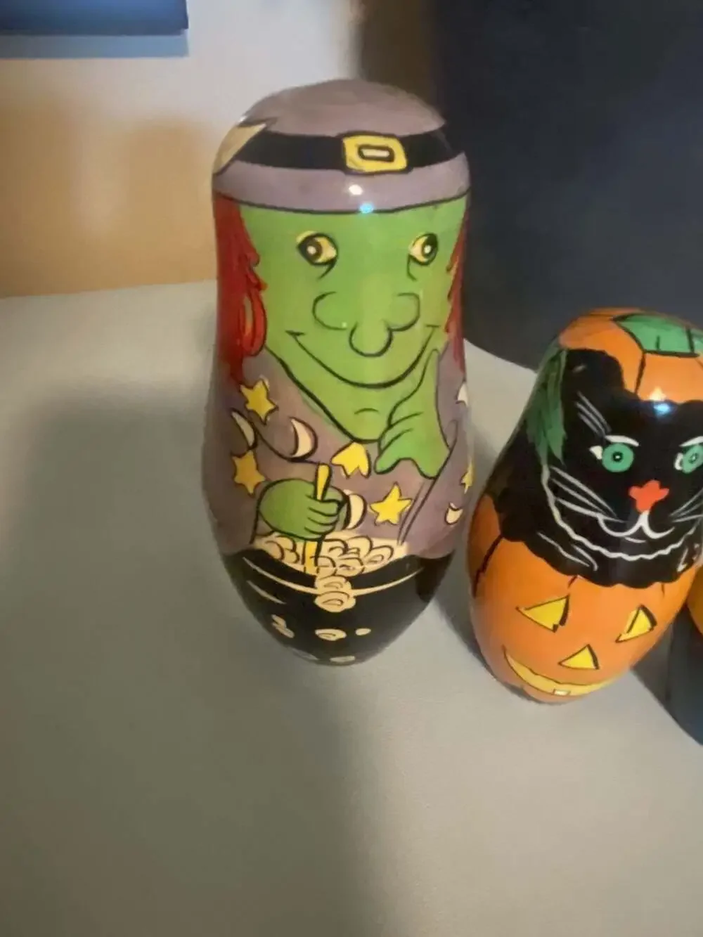 Russian Matryoshka Wooden Nesting Dolls Halloween Witch Cat Monster 4-Piece
